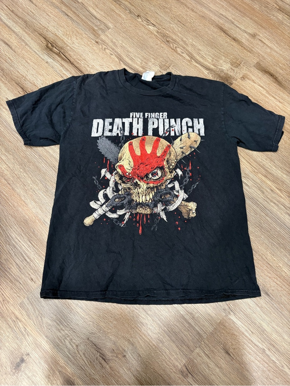 Vintage Y2K Five Finger Death Punch Black Tee with Red Skull Graphic